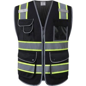 Hi Vis Black Color Zipper Front Safety Vest Fluorescent